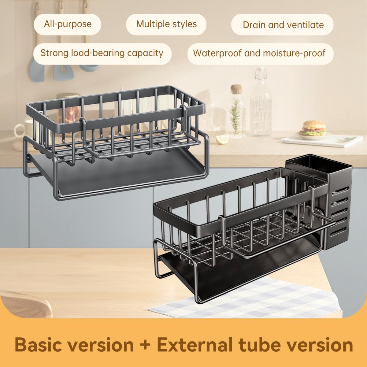 Kitchen Sink Storage Rack with High Brush & Sponge Holder Automatic Drainage System Durable Carbon Steel Ergonomic Partition Hollow Design Removable Water Tray for Sinks Countertops