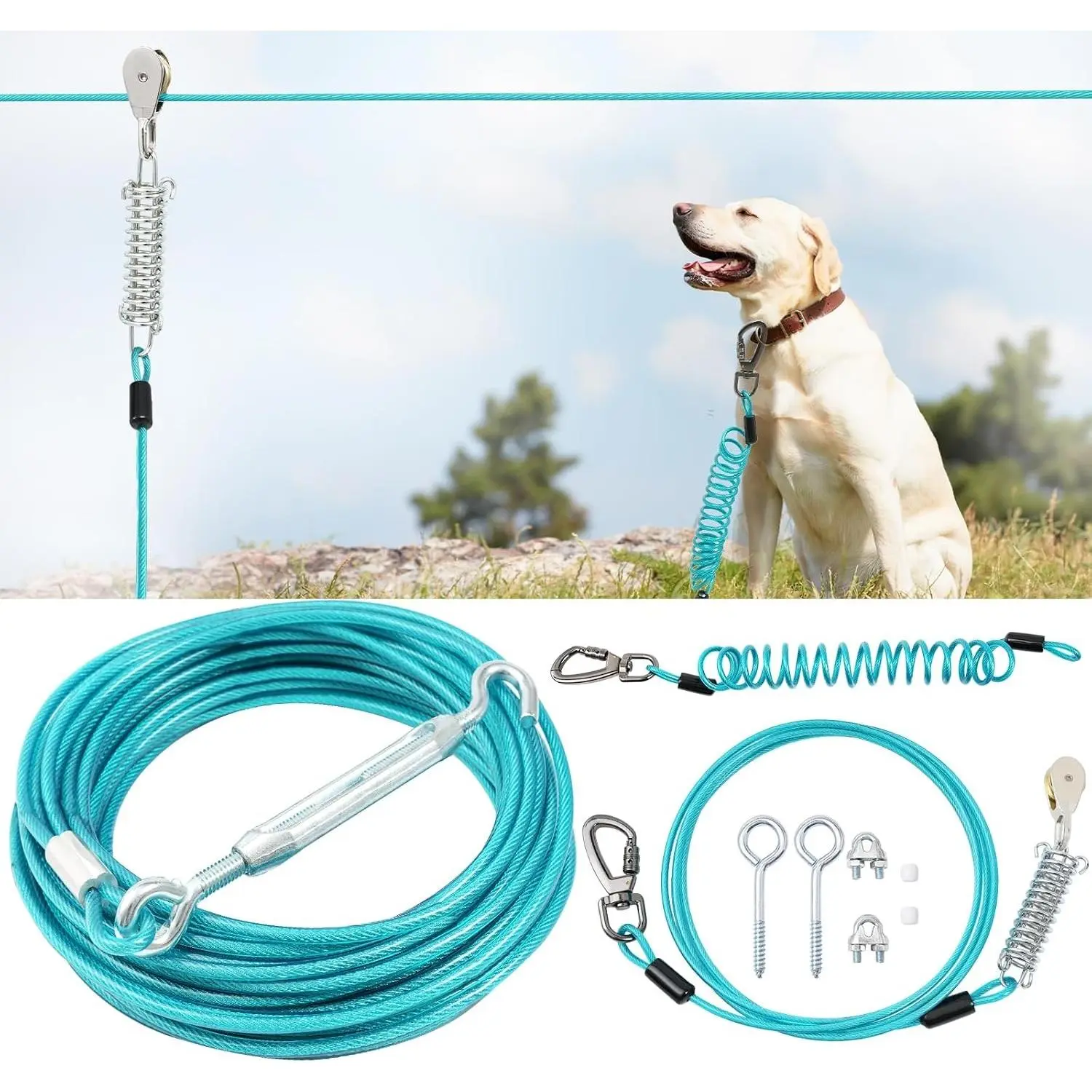 Double Shock Absorption Dog Trolley System for Large Dogs Heavy Duty 75FT Tie Out Run Cable with 10FT Leads for Dogs Up to 250LBS Aerial Zipline for Outside Camping