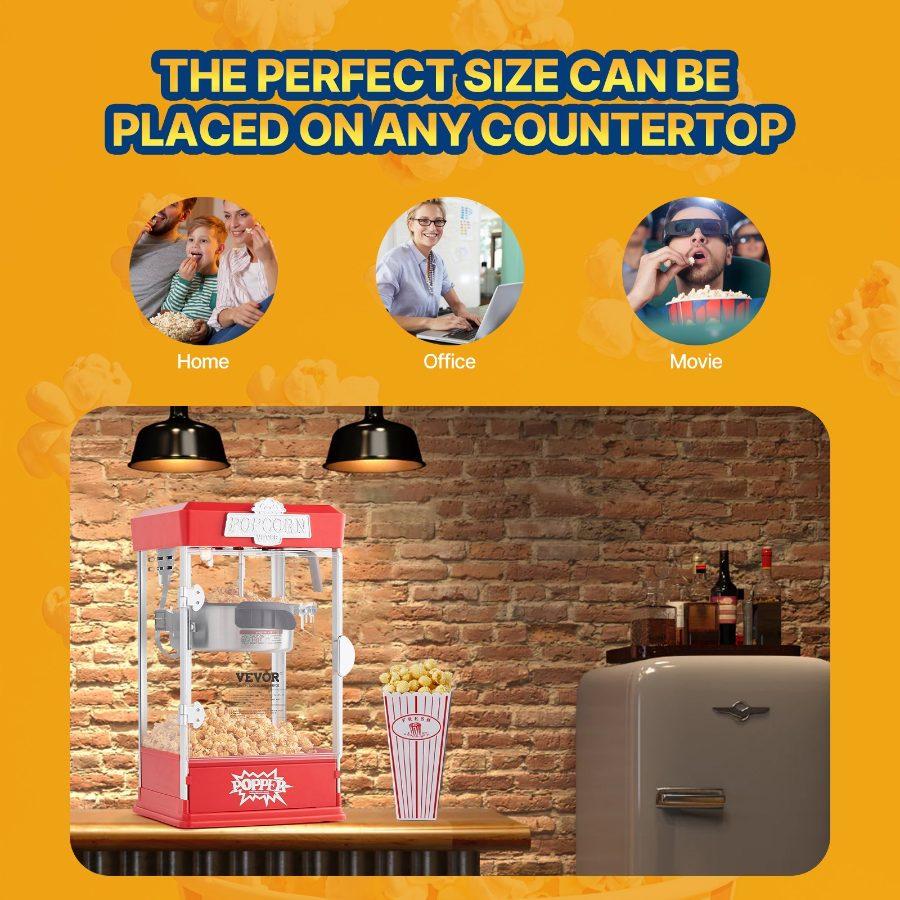 VEVOR Popcorn Maker, 480W Popcorn Popper Machine, 4 Oz Kettle Makes 1.5 Gallon per Batch, Tabletop Popcorn Maker, Includes 3 Scoops, Movie Theater Style, Red