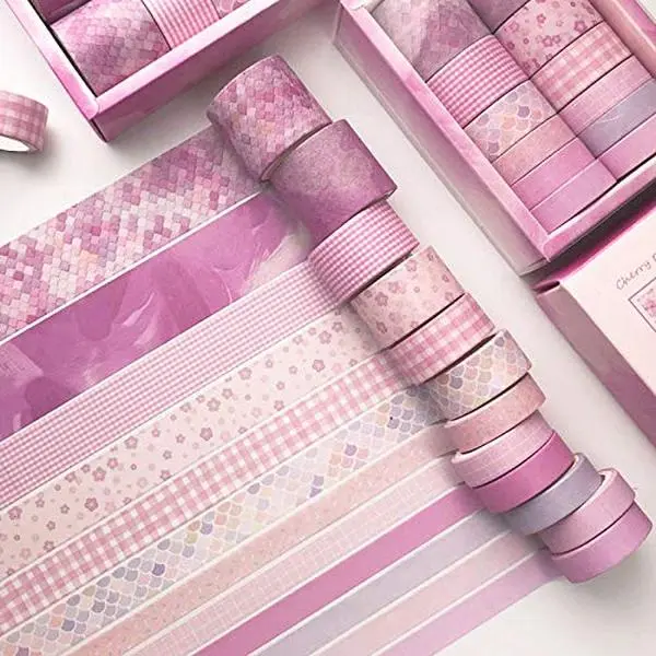 Modern Washi Tape Set - 12 Rolls, 4 Sizes Decorative Masking Tapes for Crafting, Scrapbook, DIY Projects (Cherry Blossom Party), Reusable