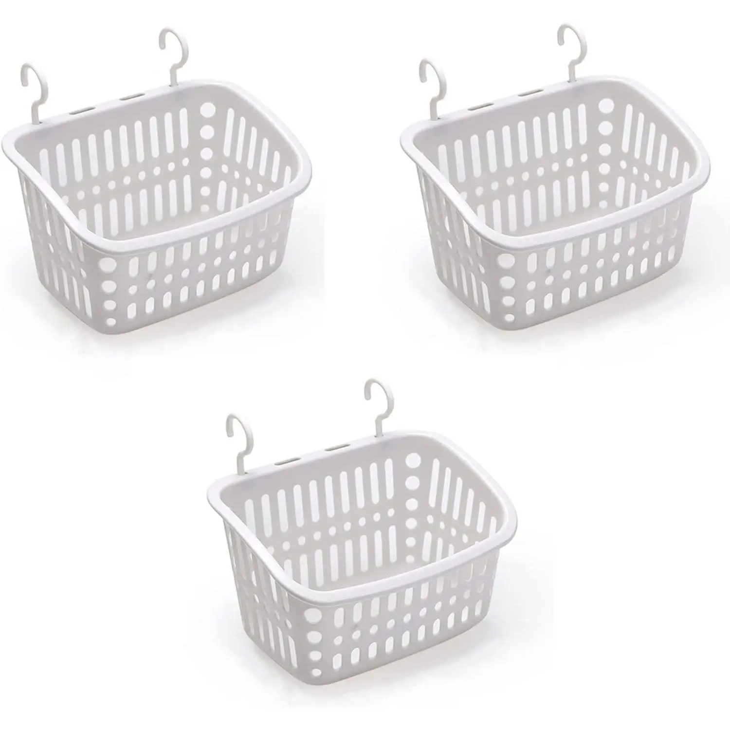 3PCS Plastic Hanging Baskets for Shower, Hanging Basket Organizer with Hooks, Rectangle 10.6Inches Small Hanging Storage Basket (Grey)