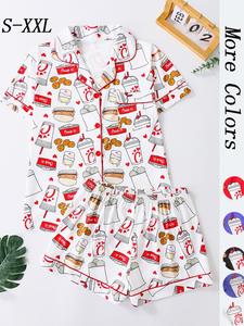 women's all over print button front shirt & shorts pyjama set, comfort two-piece pj set for homewear, women's sleepwear for all seasons, womenswear, matching pj set