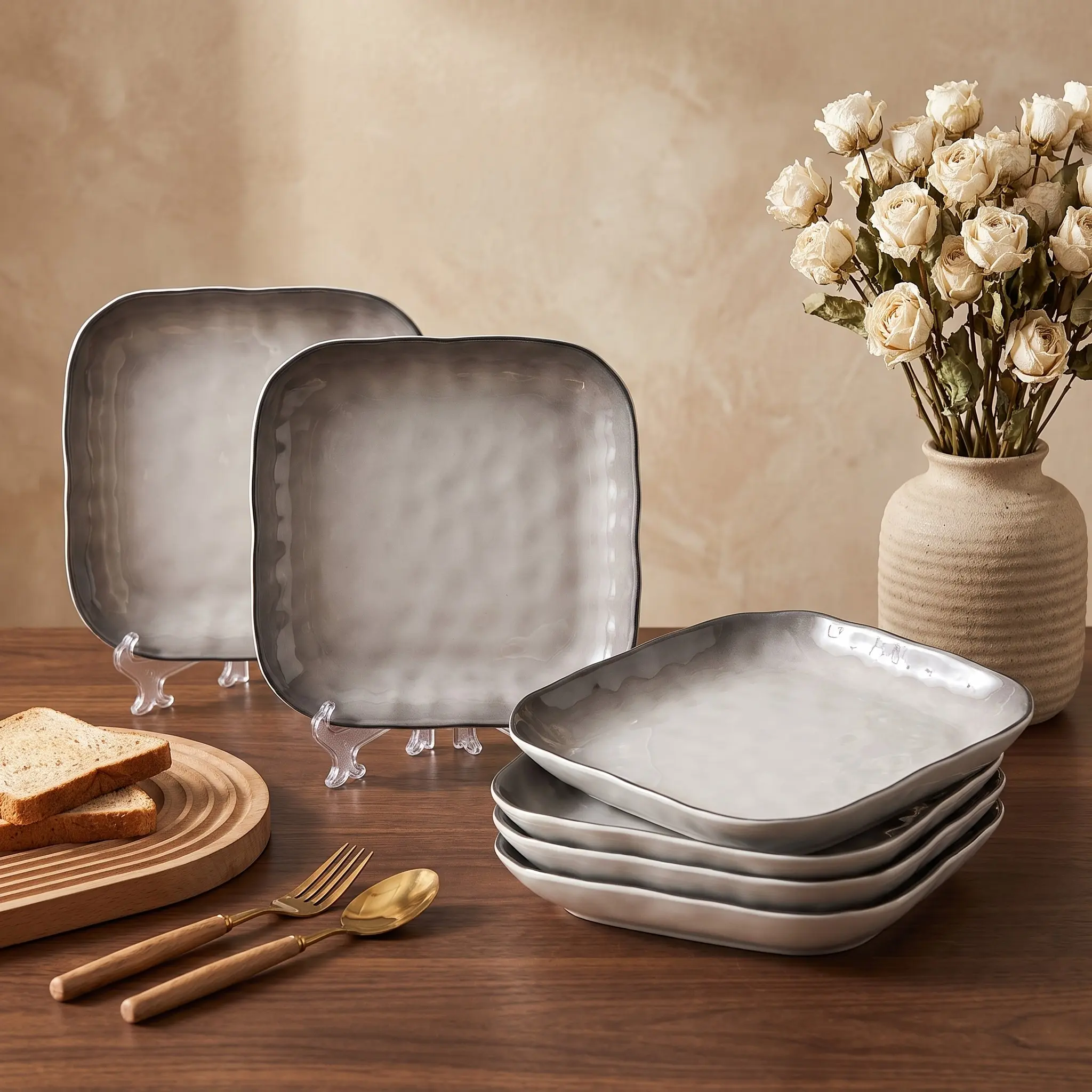 4/6 Piece Gradient Ceramic Kitchen Dinnerware Plate Set, 8 Inch Round/square Dishes, Food Grade Material, Microwave & Dishwasher Safe, Scratch Resistant Home Serving Plates