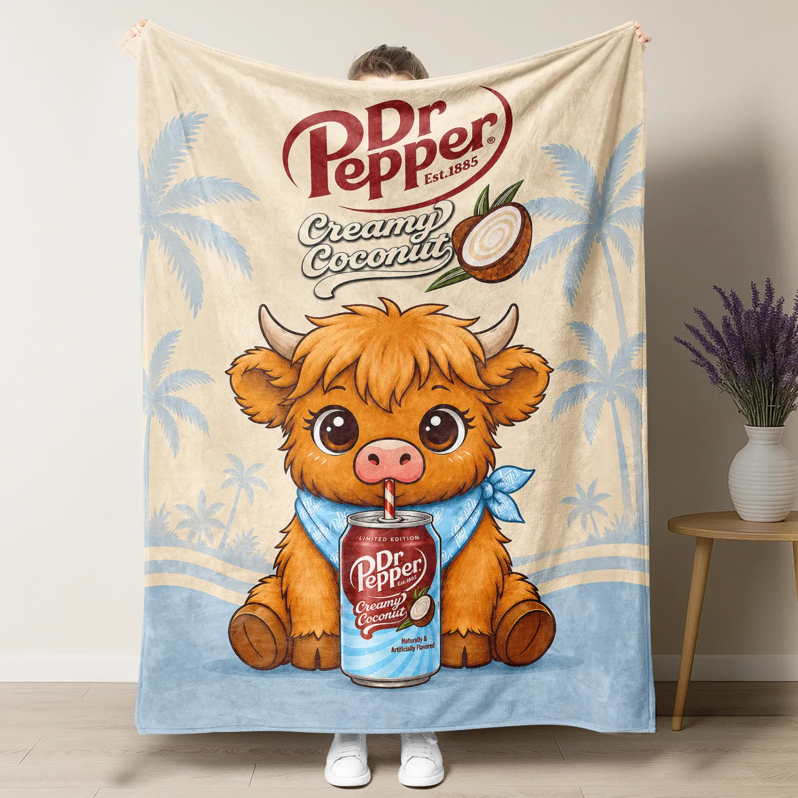 Premium Soft Cute Highland Cow Plush Blanket - Tropical Coconut Soda Style - Beach Vibe Decor - Ideal Gift for Dr Pepper Lovers (Birthday, Holiday)
