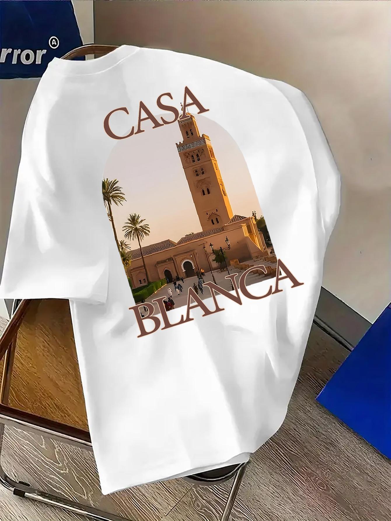 Men's Fashion Casablanca Print T-Shirt - Simple Casual Round Neck Short Sleeve Tee, Machine Washable Summer Clothing, Suitable for Summer and Year-Round Wear, Ideal for Daily Casual, Home, and Outdoor Use