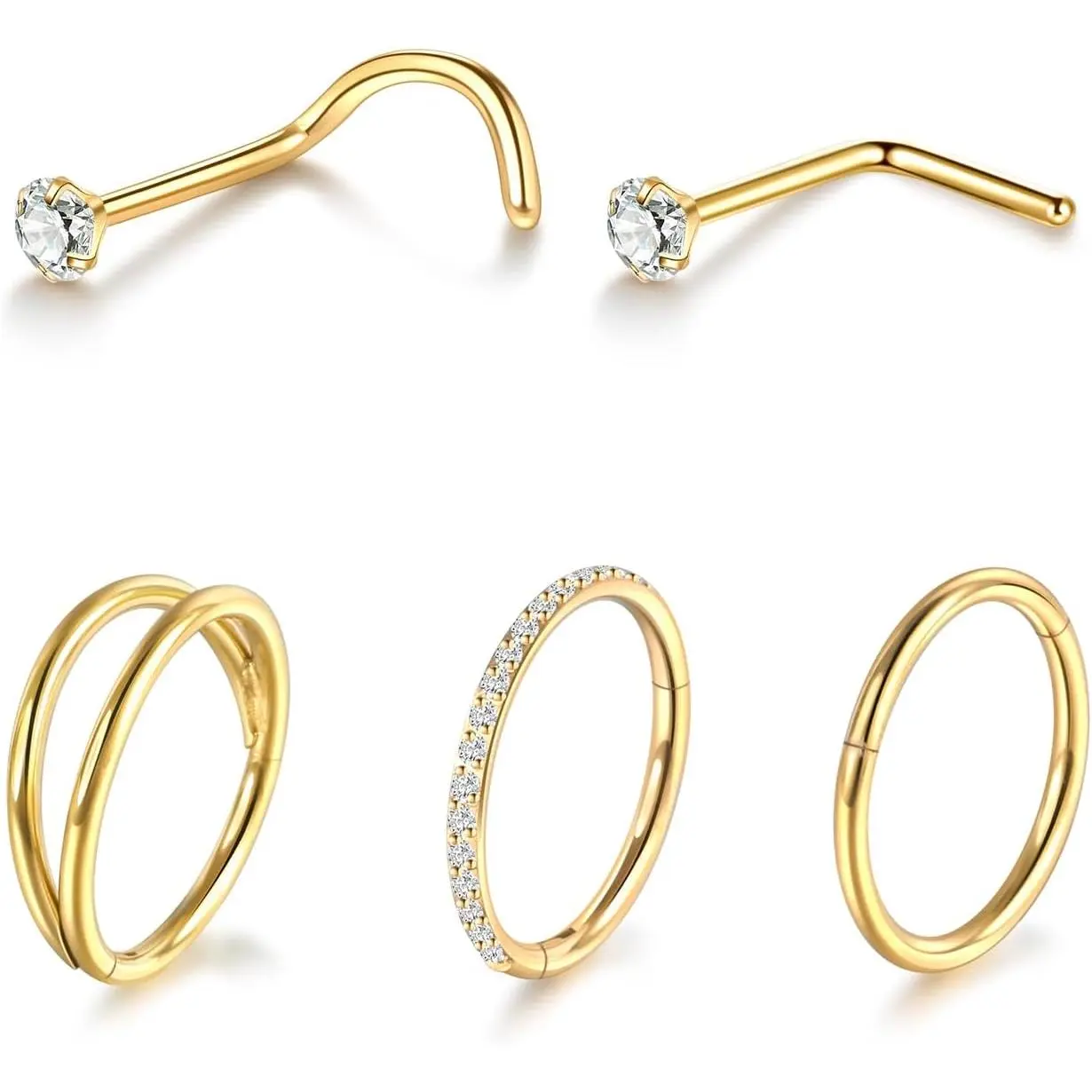 5 count Hoop Nose Rings and L Shaped Nose Rings Stud Set 18G/20G Stainless Steel CZ Helix Conch Daith Tragus Cartilage Hoop Earrings for Women 6mm 7mm 8mm 10mm