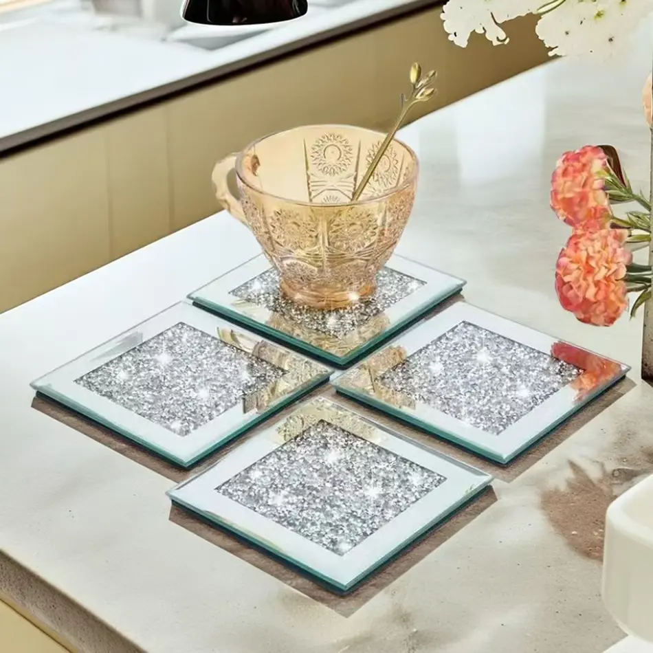 4pcs Square Crystal Diamond Glass Coasters, Coaster Set, Fashionable High-End Glass Mirrors, Perfect for Tea Coffee Party Table Home Decor
