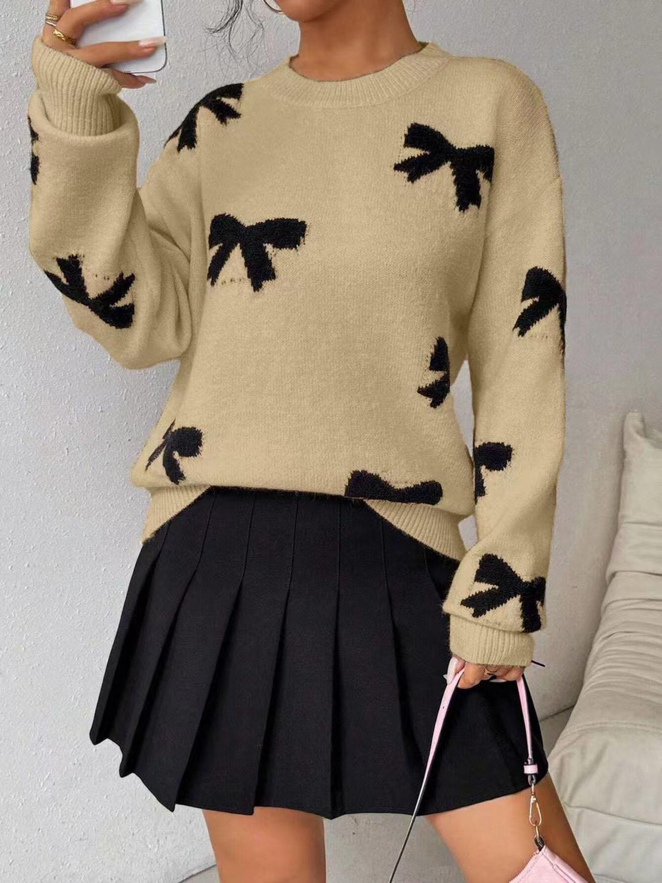 Women's Fashion Bow Print Casual Loose Knit Sweater, New Long Sleeve Pullover for Autumn and Winter, Knitwear, Tops