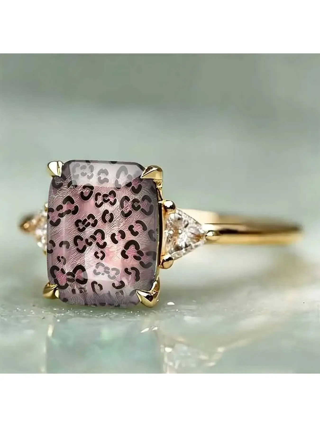 Vintage Pink Leopard Print Rectangle Stone Ring, Artistic Fresh Daily Matching Fashion Jewelry, Sparkly Side Accent Adjustable Statement Accessory For Women Party Dating Outfits, Beautiful Rings