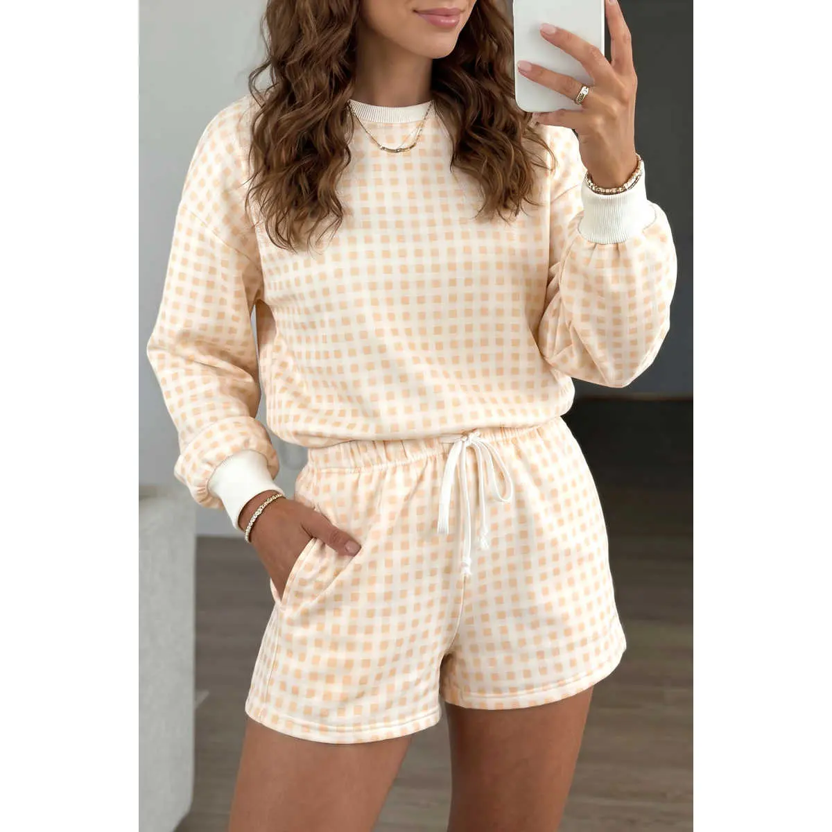 Yellow Plaid Baggy Pullover Drawstring Casual Shorts 2pcs Outfit, Elastic, Clothes, Fabric, Long Sleeve, Piece, Pockets, Sleeves, Soft