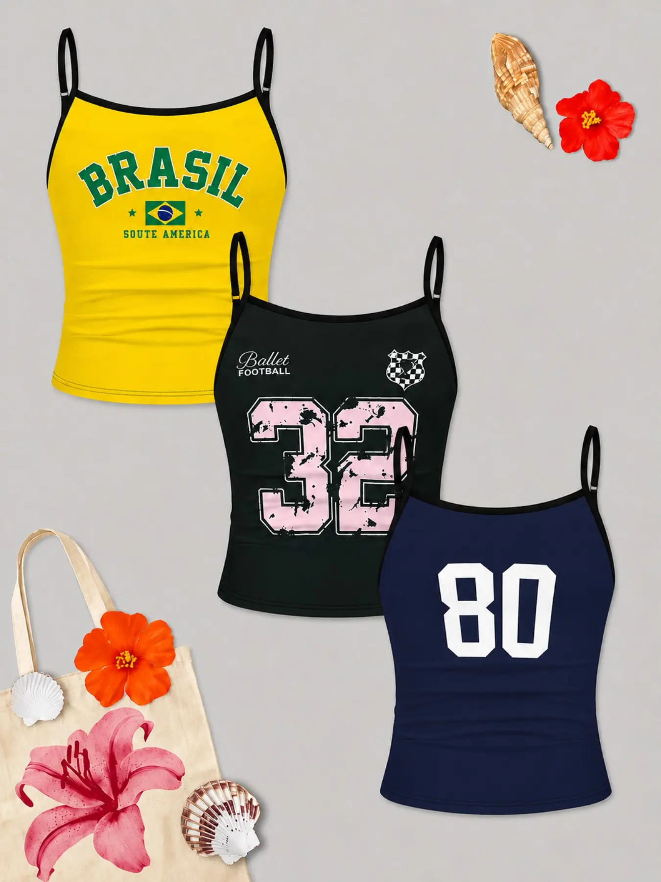 3-Pack Girls' Sporty Casual Floral Print Camisoles, Brazilian Style, Spaghetti Strap, Size 80 and Size 32 Digital Printed Thin Strap Camisoles, in Yellow, Navy Blue, and Black, Suitable for Girls and Teenagers, Tops, Camisole Tank Tops