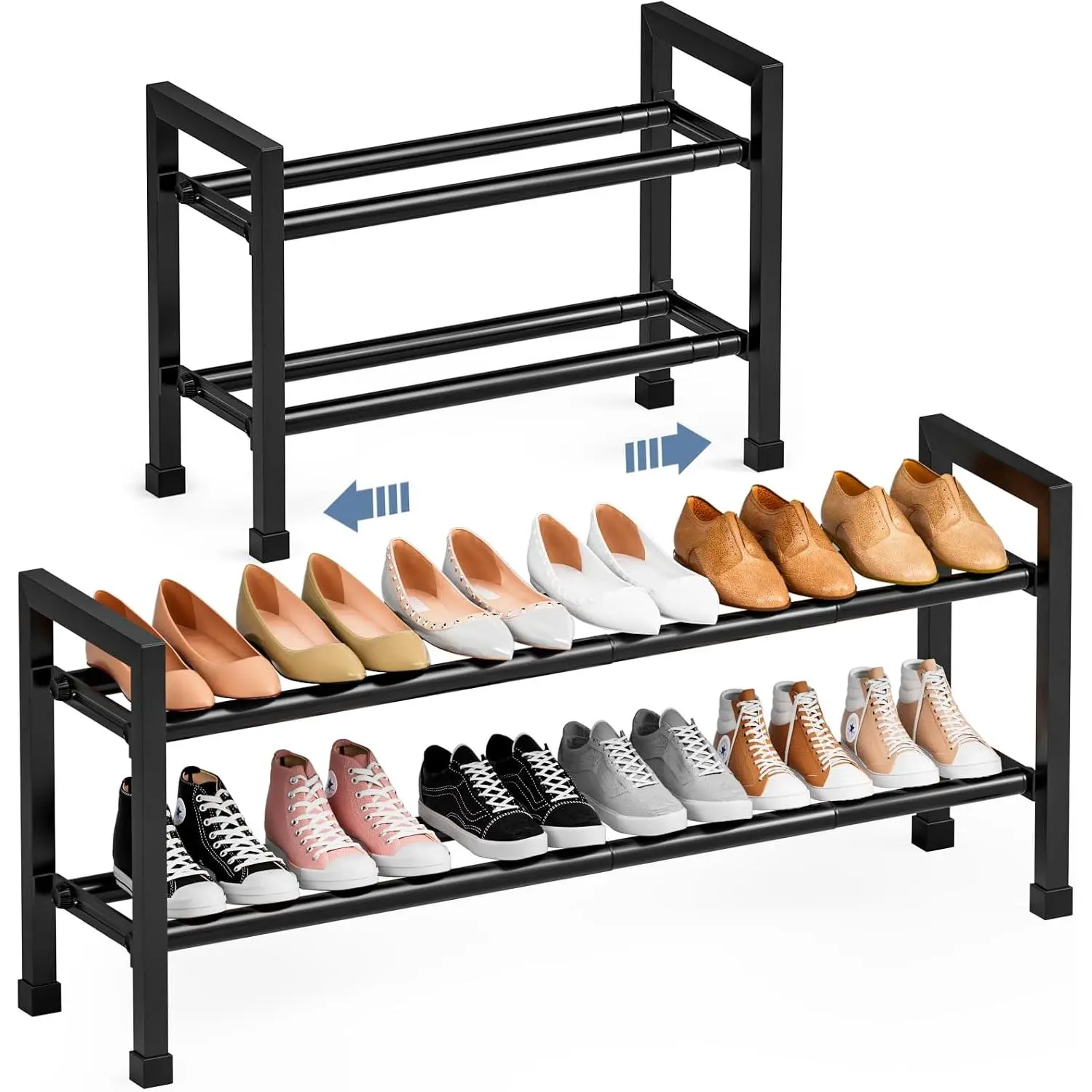 Expandable Shoe Rack, 2-Tier 19"-43.3" Adjustable Shoe Rack for Closet | Hall Entryway,Front Door,Garage, Sturdy Steel Space-Saving Rack, Black​