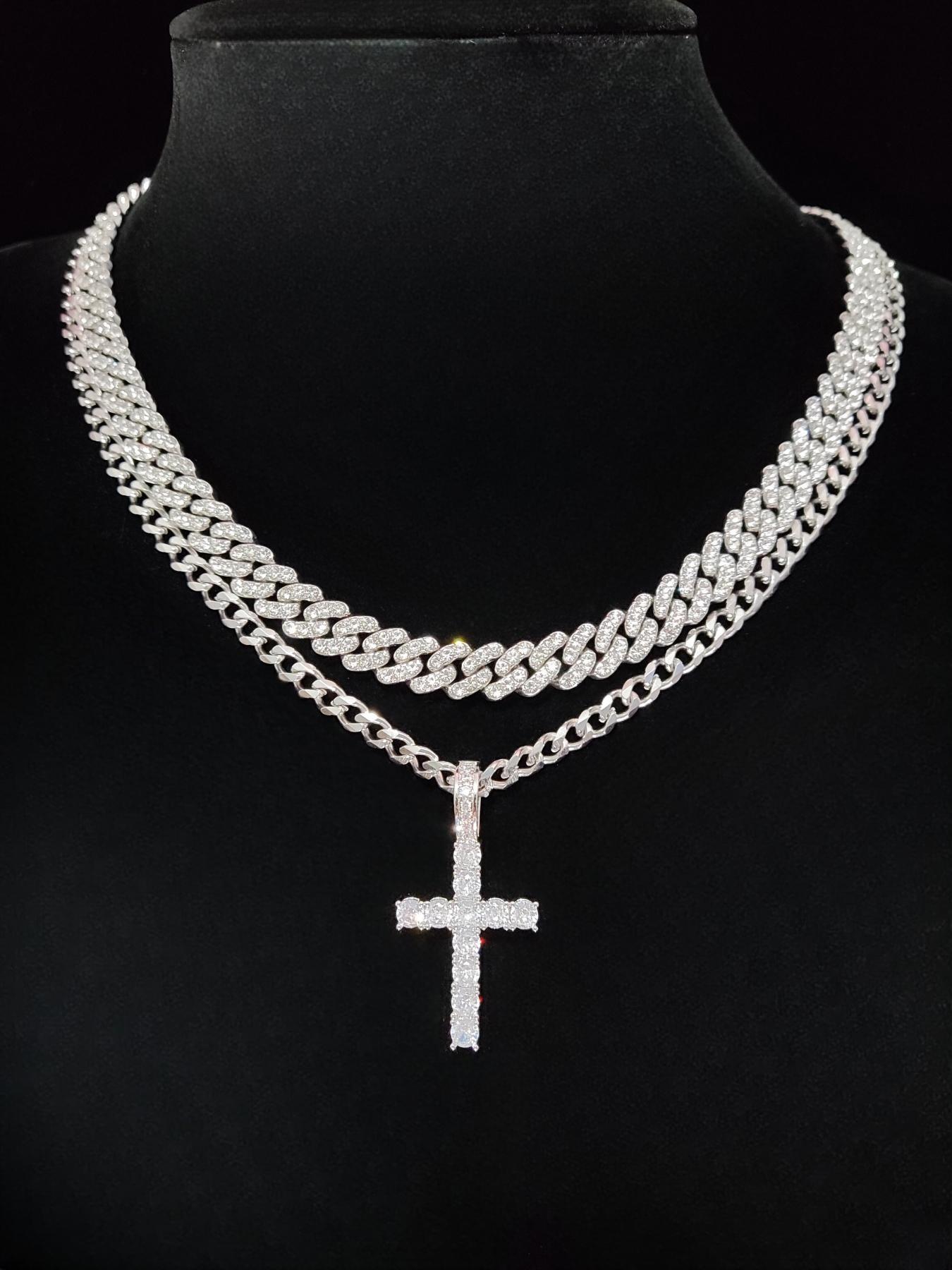Street Style Artificial Zircon Inlaid Iced Out Cross Pendant & Cuban Chain Necklace, Fashion Jewelry for Party, Daily Clothing Decor, Trendy All-match & Exquisite Jewelry for Birthday Gift Street Style Artificial Zircon Inlaid Iced Out Cross Pendant & Cuban Chain Necklace, Fashion Jewelry for Party, Daily Clothing Decor, Trendy All-match & Exquisite Jewelry for Birthday Gift