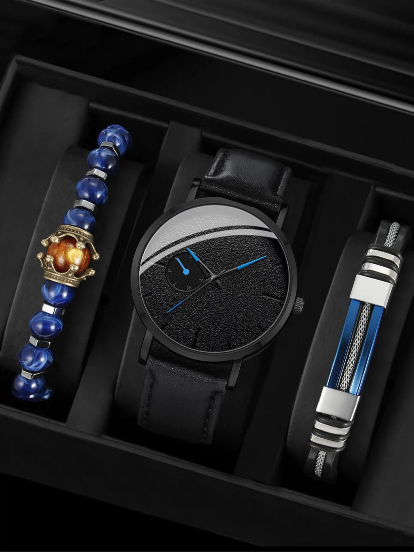 Men's Business Round Dial Analog Quartz Watch & Beaded Bracelet Set, Fashion Watch Set for Party, Daily Decor, Trendy All-match & Exquisite Watch Set for Gift