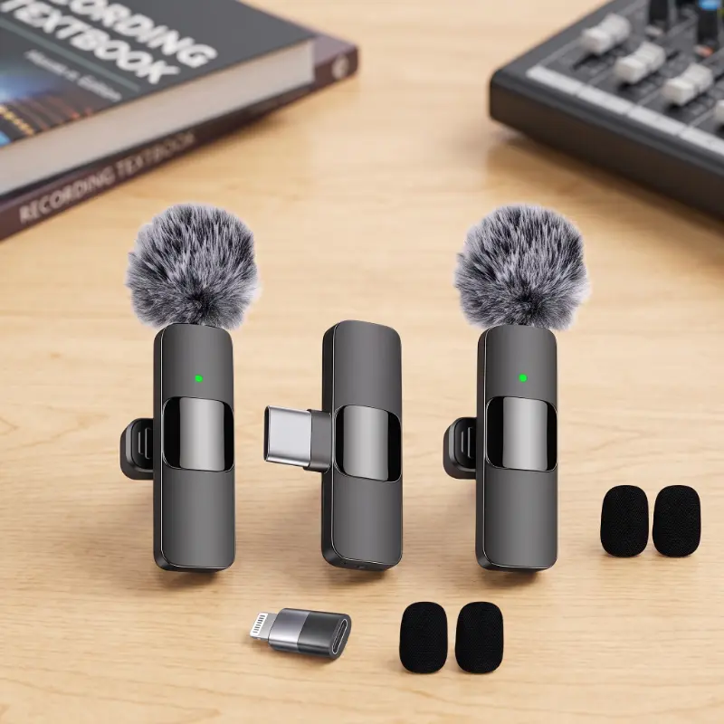 Dual Wireless Lapel Lavalier Clip-on Microphone for Sports Coaches - USB Type-C, Plug-and-Play, Lightning Adapter, Ultra-Compact, Foam Covers, Audio Receiver, Rechargeable, Noise Reduction, Crystal-Clear Voice, Android/iOS Mobile Streaming Recording