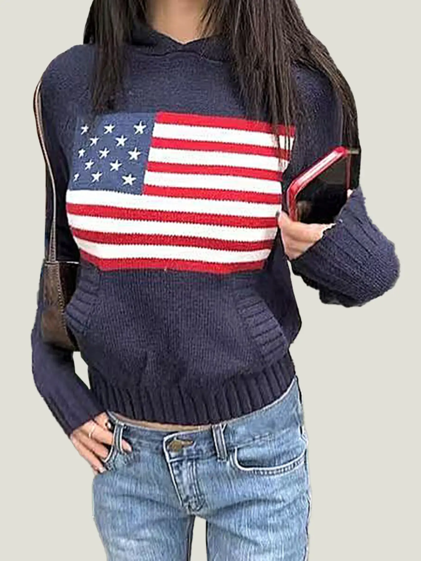 Women's American Flag Hooded Knit Sweater, Vintage Casual Style with Front Pockets, Comfortable Fall Winter Top, Patriotic Y2K Trendy Loose Fit Long Sleeve