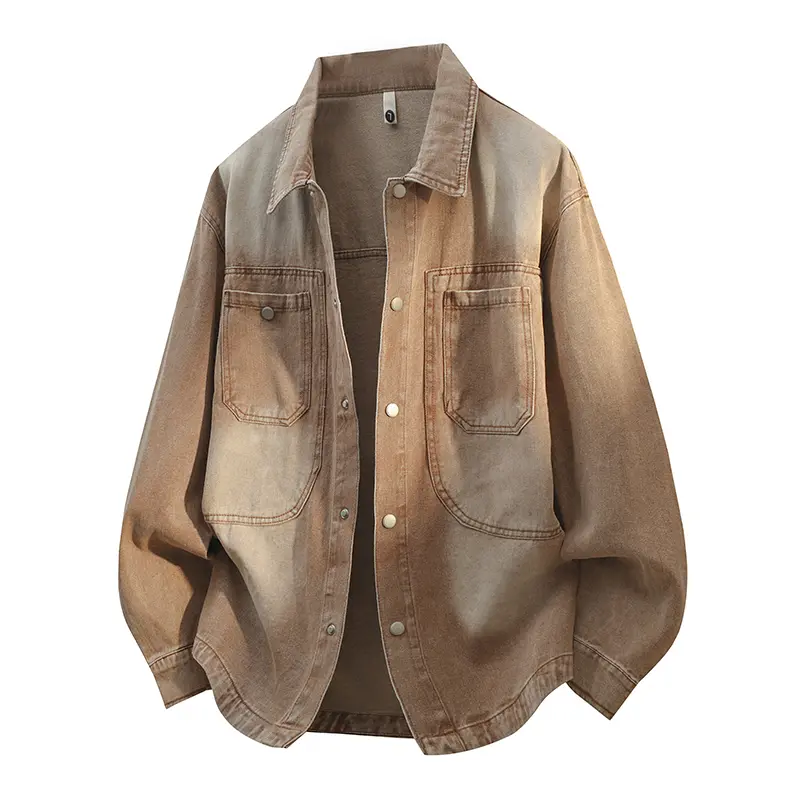 Men's Gradient Washed Denim Shirt Jacket, Drop‑Shoulder Snap Button Shacket, Vintage Distressed Multi‑Pocket Long Sleeve Outerwear for Autumn Daily Wear#sohochic