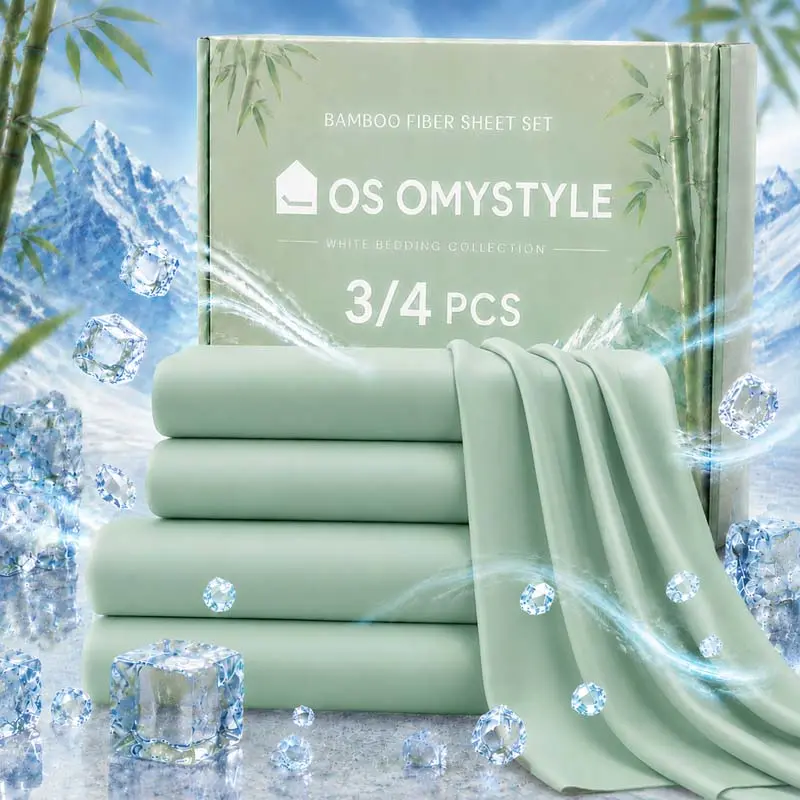 OS OMYSTYLE 3/4 Pcs Cooling Bamboo Bed Sheet Set for Kids, Breathable Cool-Touch Bedding with 16" Deep Pocket Fitted Sheet, Flat Sheet & Pillowcases, Moisture-Wicking Soft Smooth Sheets for Hot Sleepers, Children’s Bedroom Decor