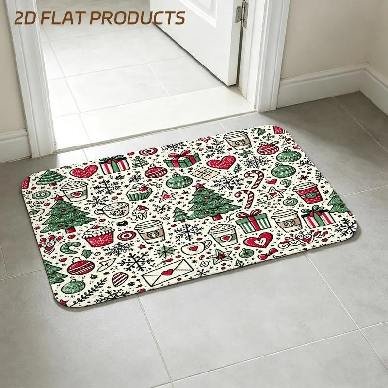 Whimsical Doodle Christmas Pattern Doormat with Repeating Festive Elements - Christmas Trees, Gift Boxes, Baubles, Snowflakes, Candy Canes in Red, Green, White & Black, Multiple Specs, Ideal for Entryway Home Holiday Decor
