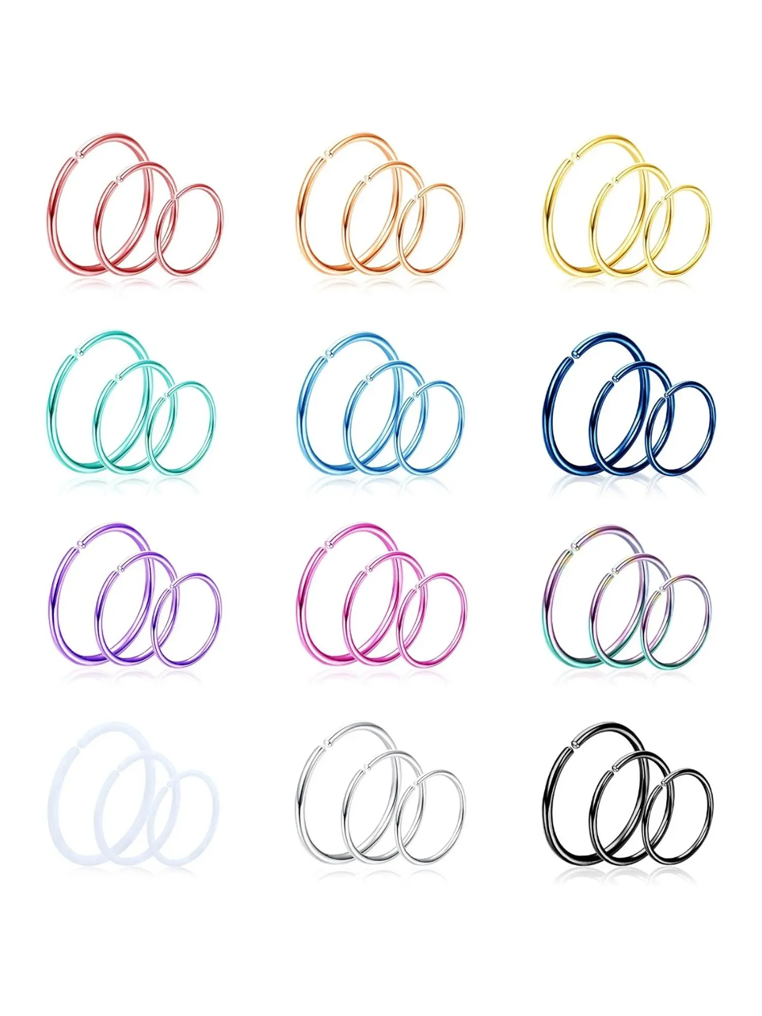 36 Pcs Rainbow Multi-Size Stainless Steel Septum Cartilage Click Ring Collection for Women Men Full-Scenario Body Piercing Collocation Distinct Bright Color Finishes Eye-Catching Plain Piercing Ornament Set for Daily Streetwear Bohemian Festival