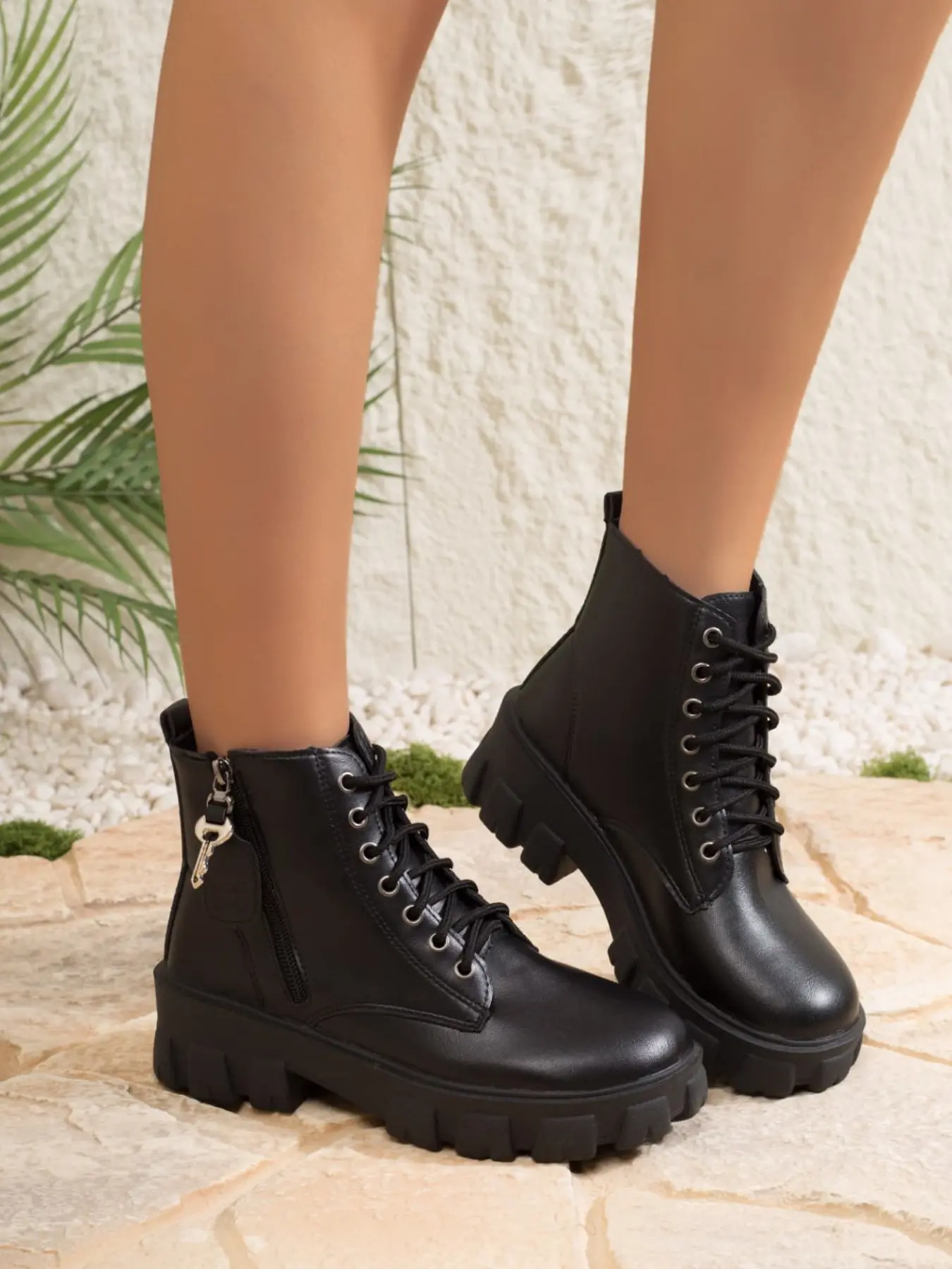 A Pair Edgy Key Hardware Decor Ankle Boots For Ladies, Round Toe Lace Up Short Booties With Side Zip, Chunky Anti Slip Lug Sole Elevating Footwear, Wear Resistant Upper Casual Shoes Match Denim For Street Shoots And Road Travels