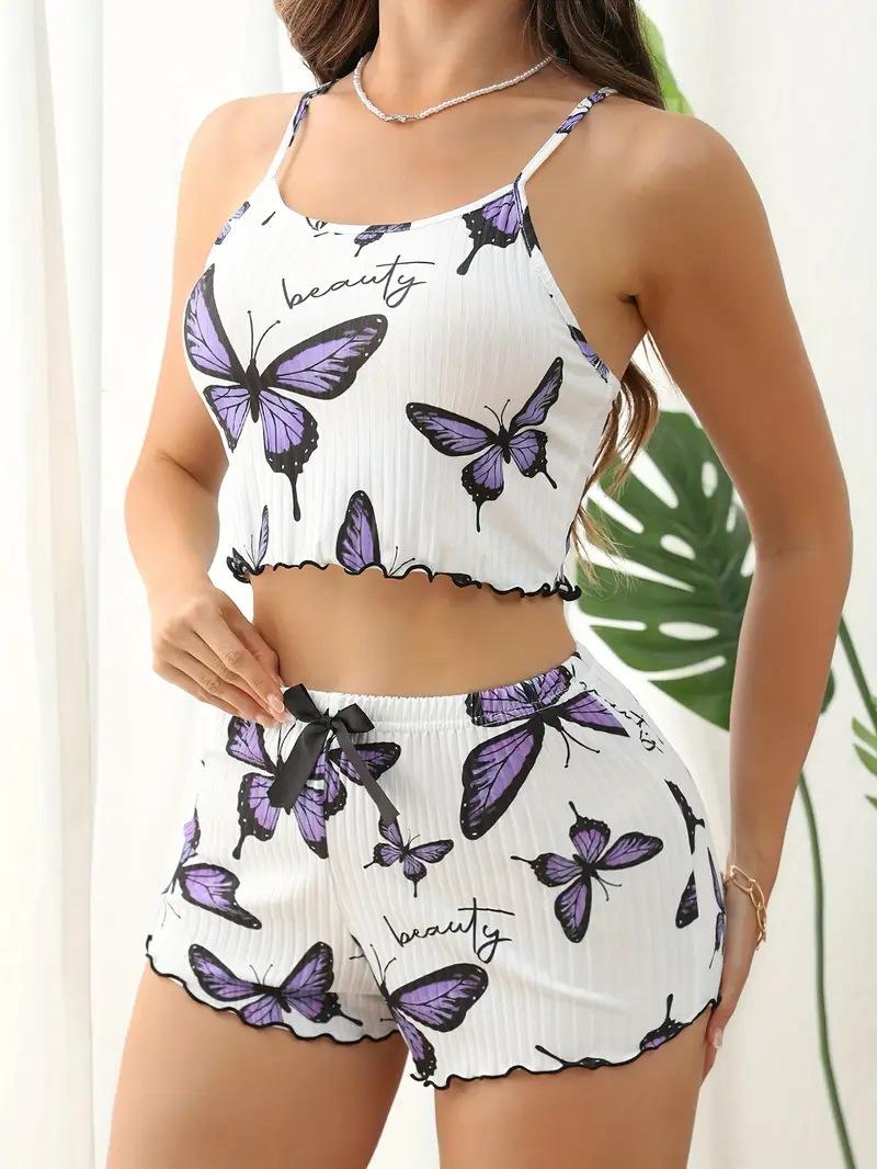 Butterfly Print Two-Piece Set Suspender Top and Shorts Pajama Outfit Stylish Women's Loungewear with Adjustable Suspenders for Indoor and Casual Outdoor Wear