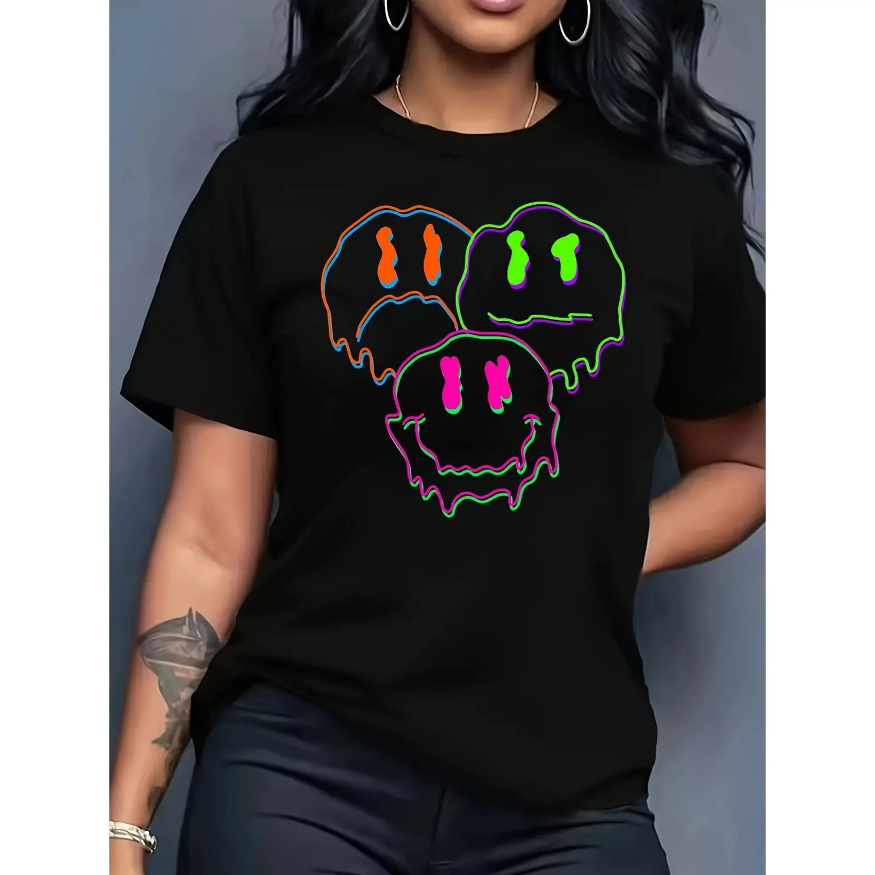 Neon Drip Smiley Face Graphic T-Shirt - Trippy Acid Glow Aesthetic Streetwear Casual Short Sleeve Oversized Tee