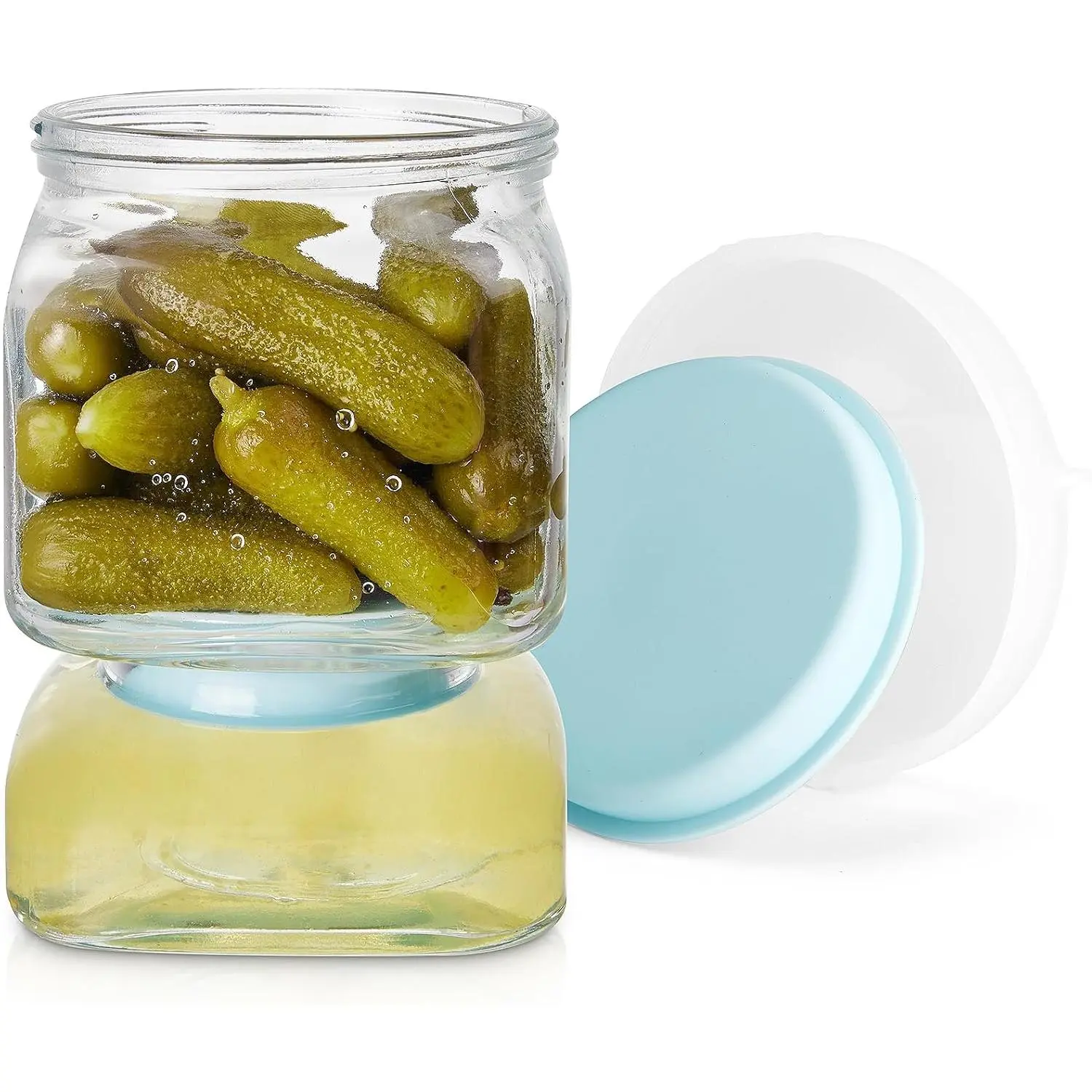 Glass Pickle Jar with Strainer, 46 oz Leakproof Flip Container, Blue | Flip to separate pickles from brine,Pickle Flip Jar for Olives, Pickles, Gherkins, Jalapeños, Garlic – Dishwasher Safe
