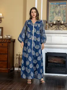 Middle Eastern Embroidered Mesh Dress, Muslim Long Robe, Party Evening Gown, Fashionable Nightwear, Elegant Women's Attire