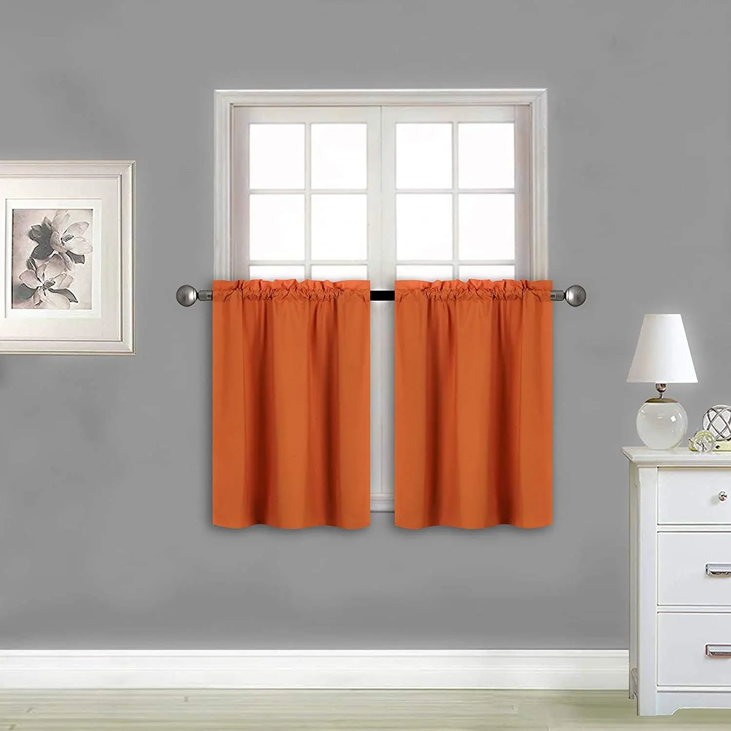 2 Panels  Blackout Curtain Set Solid Color with Rod Pocket Short Tier Drapes for Kitchen, Dinning Room, Bathroom, Bedroom,Living Room Window  (58” Wide X 23” Long, Orange)