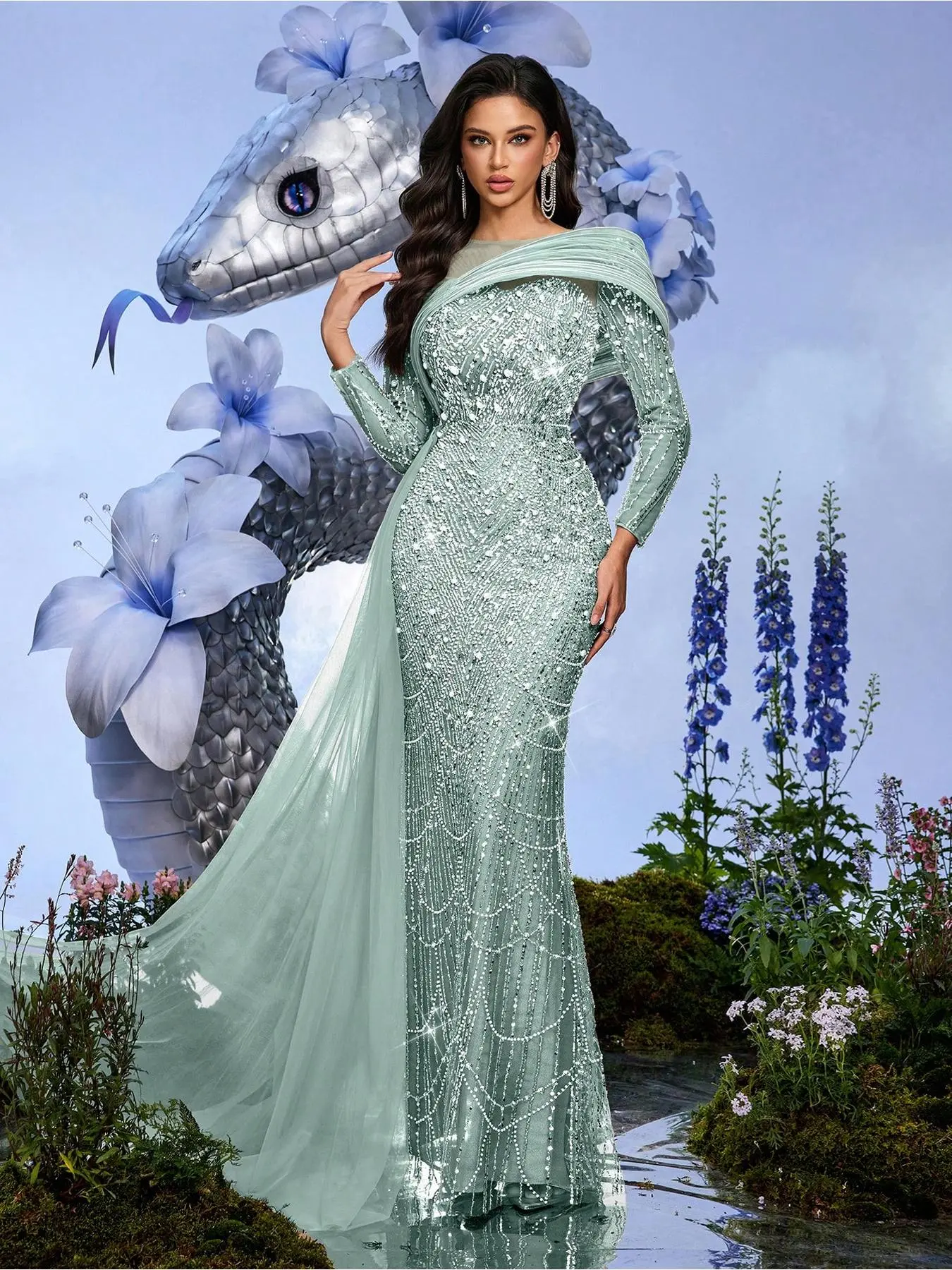 Party Gown Champagne Color Color Sequins Beaded Long Sleeve Slim Gown Dresses For Dinner Party, Banquet, Cocktail Party (Heavily Embellished)