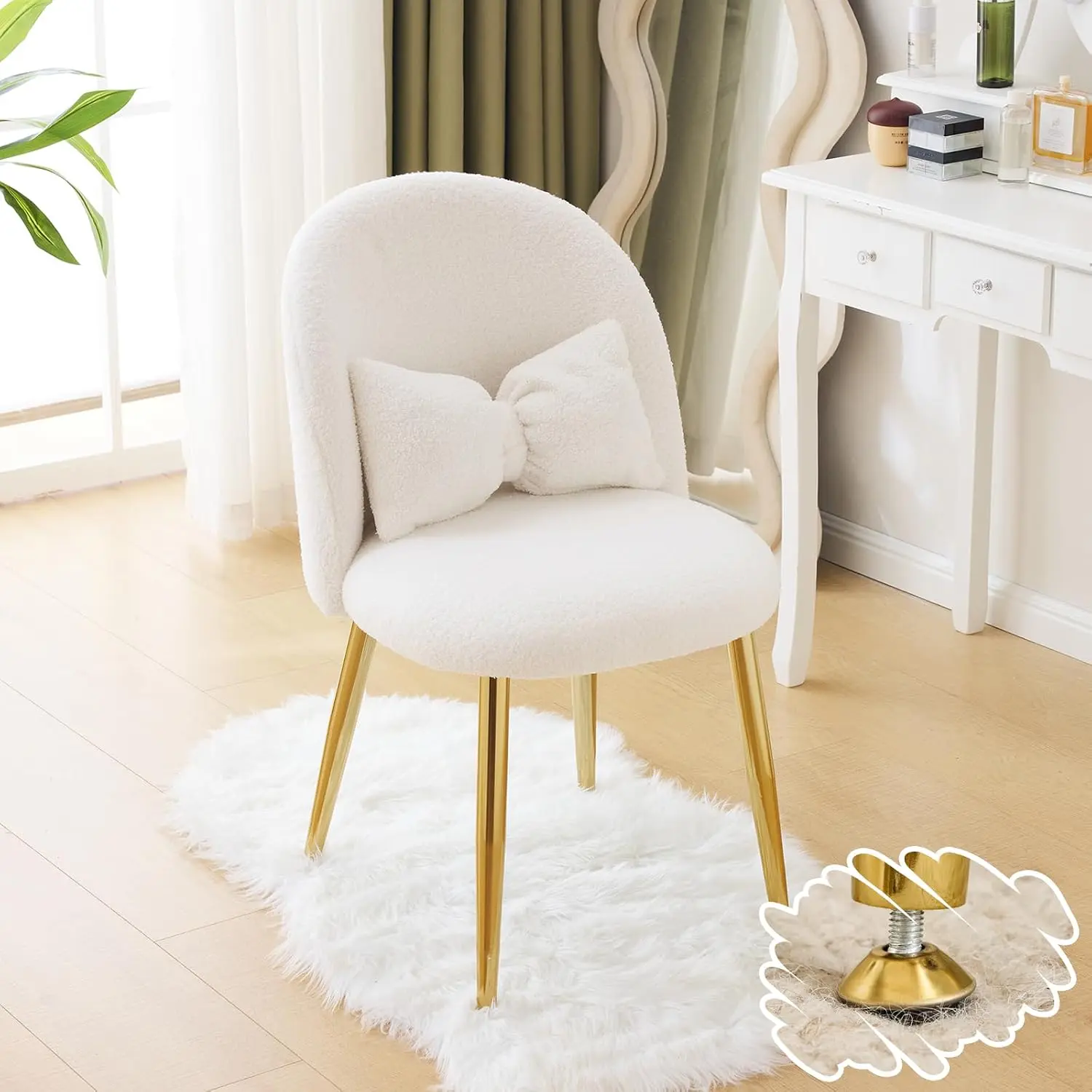 White Boucle Single Person Desk Chair with Back & Pillow, Plush Fabric No-Wheels Cute Small Cozy Chair for Desk, Adjustable Gold Legs for Bedroom Small Space, Office Desk Chair