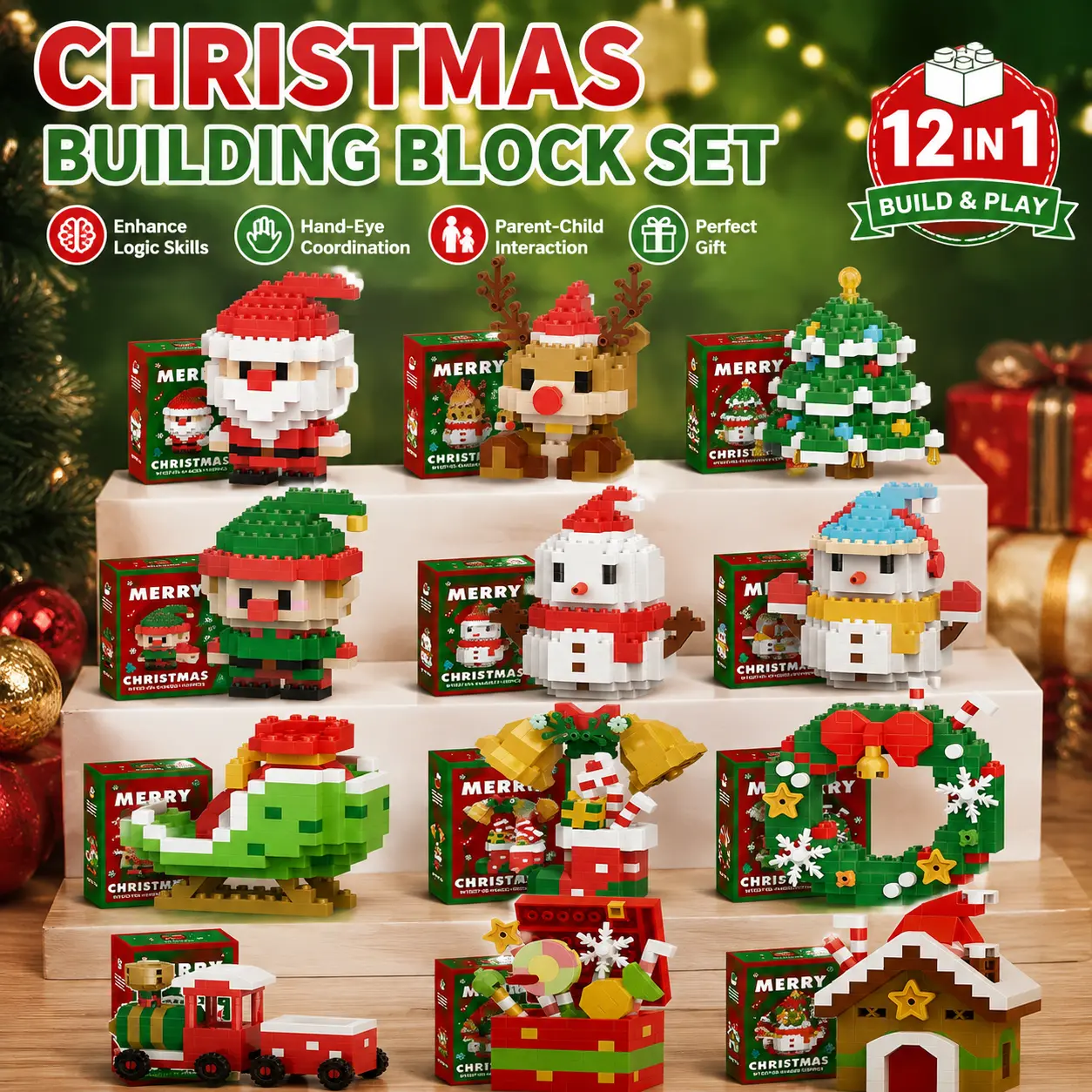 4/12 Pack Santa Claus Design Building Blocks Set, Christmas Theme Building Blocks Ornaments, Mini Building Figures, DIY Stocking Stuffers, Xmas New Year Birthday Gifts
