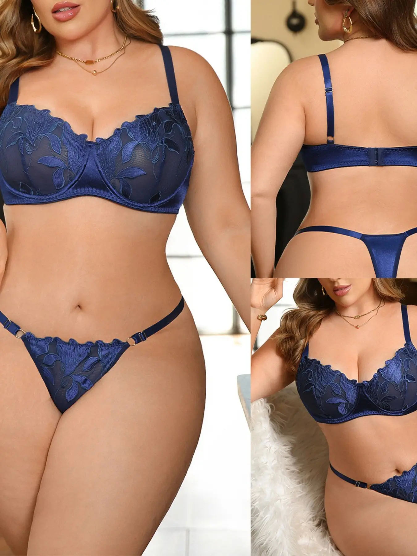 Two-Piece Plus Size Curvy Sexy Lingerie Set, Vintage Floral Embroidery Mesh Bra, Adjustable Straps Back Clasp, Full Coverage for Women