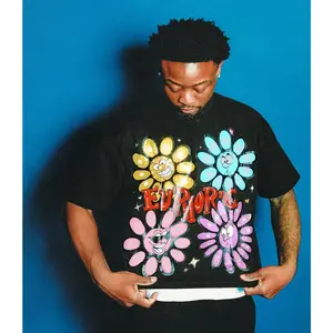 "Euphoric Expression" Smiley Flower Graphic T-Shirt, Black Y2K Streetwear Tee, Casual Short Sleeve mcr good Gooner Eat Sleep Goon Repeat men funny charleston white tia kemp tshirt target bacon meme deo merch viral tiktok lover gift usa july design