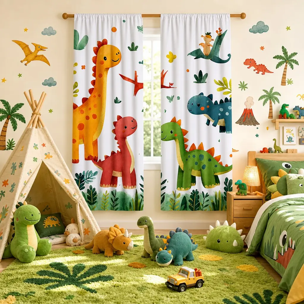 2-Pack Cartoon Dinosaur Semi-Sheer Curtains, Cute Bedroom Bathroom Durable Curtains, Living Room Bedroom Cartoon Curtains