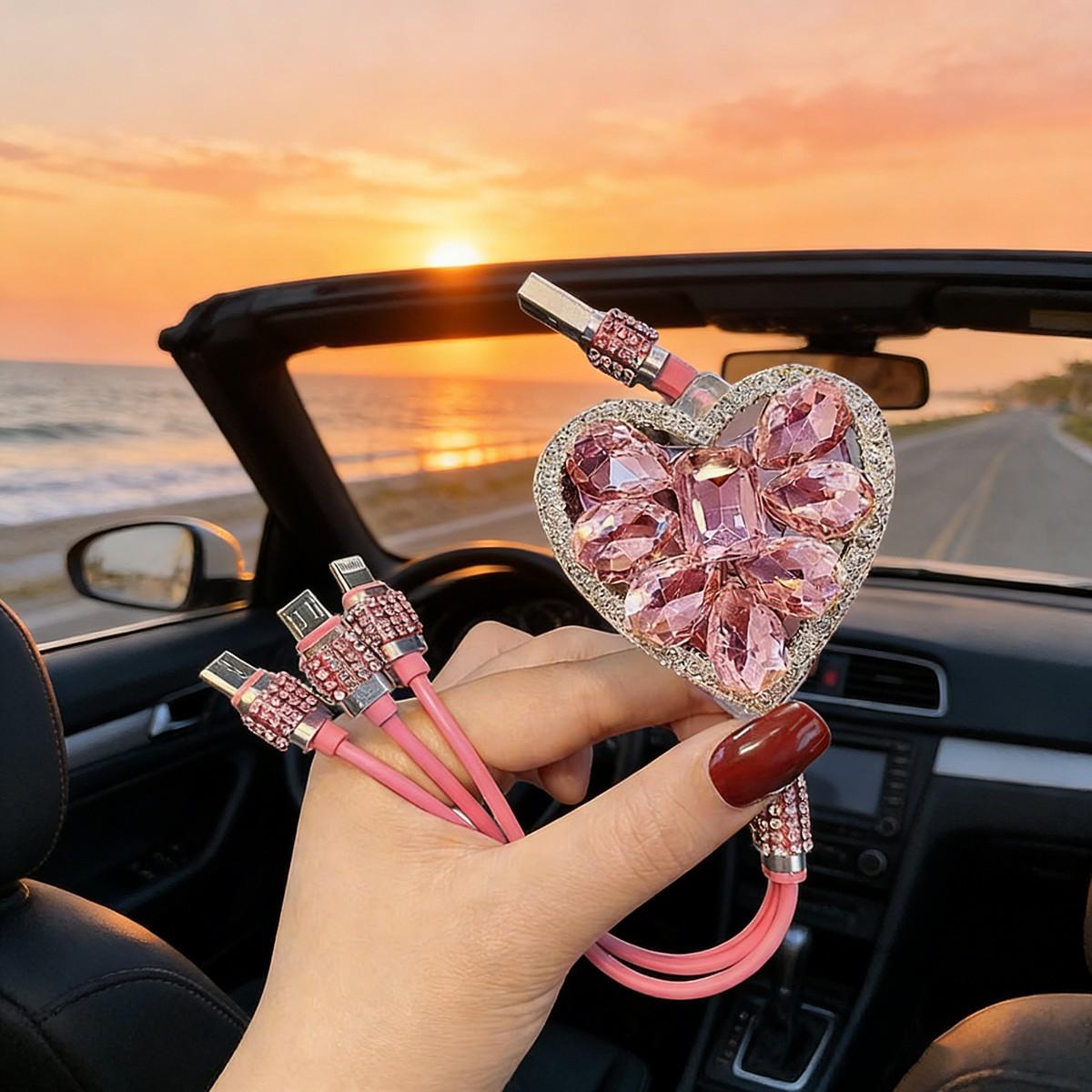 Girly Tech Aesthetic Must-Have| Pink Bling 3-in-1 Charging Cable| Elevate Your Desk Setup & Match Your Pink Accessories