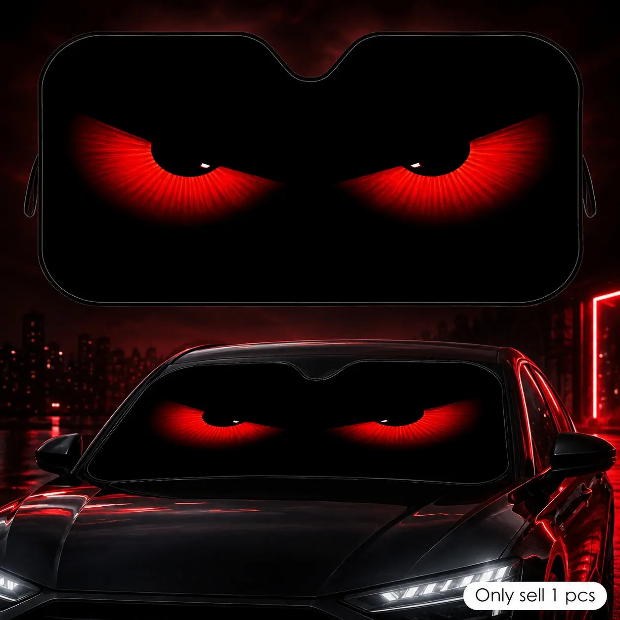Cool Demon Eyes Glow Car Sun Shade for Windshield, Funny Creative Front Window Cover Sunshade for Car Windshield UV Ray Protection Heat Insulation Foldable Auto Visor Decor Accessory Universal Fit SUV Truck Sedan