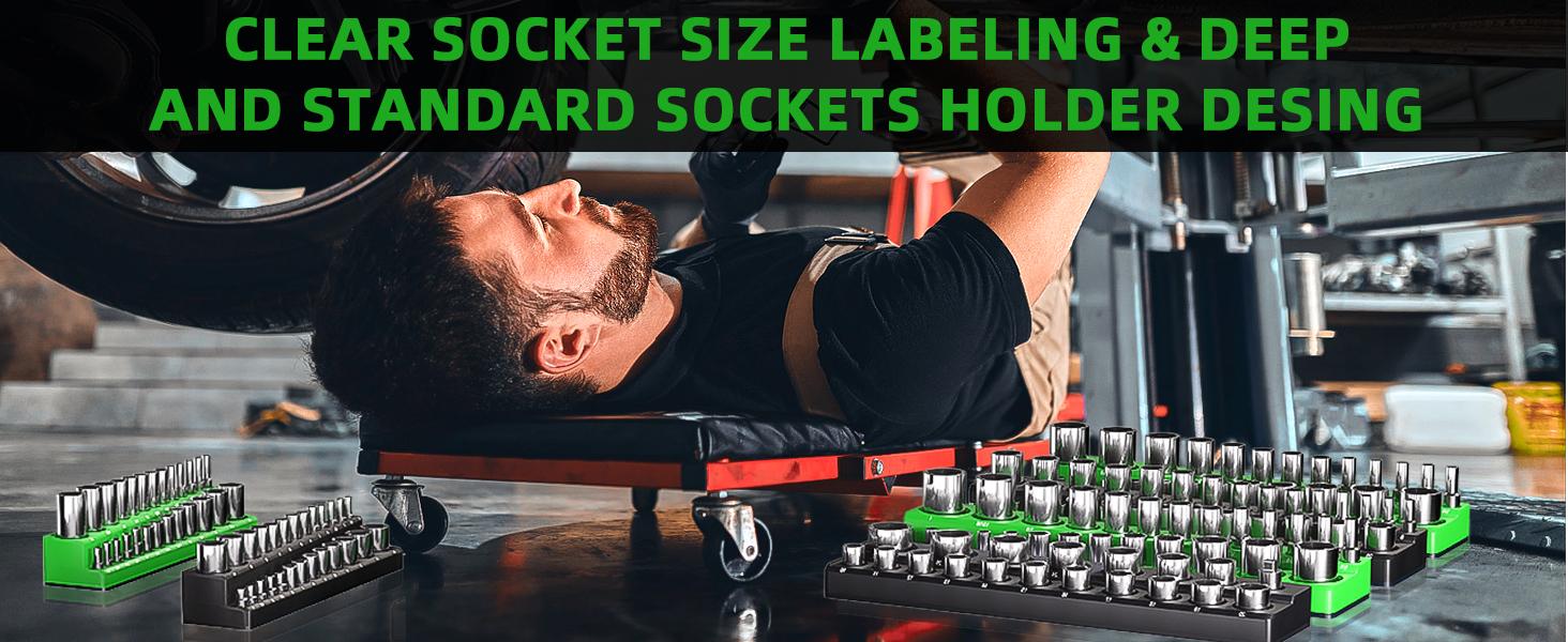 Magnetic Socket Organizer Holder Set For Tool Box Drawer, Toolbox Organization Including 1/4", 3/8" and 1/2" Drive Metric SAE Socket Trays (Sockets are not Included)