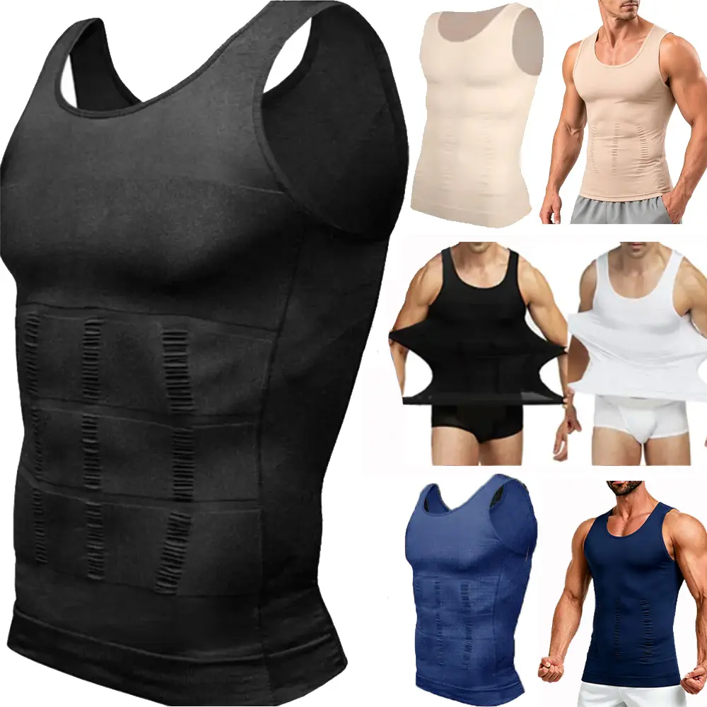 Men's Compression Sleeveless Shapewear Vest - 2/3 Pack Menswear Nylon Tank Tops, Soft, Breathable, Stretch, Fitted Body Shaping Undershirt (3 Pack Blue, 2XL Option Available)