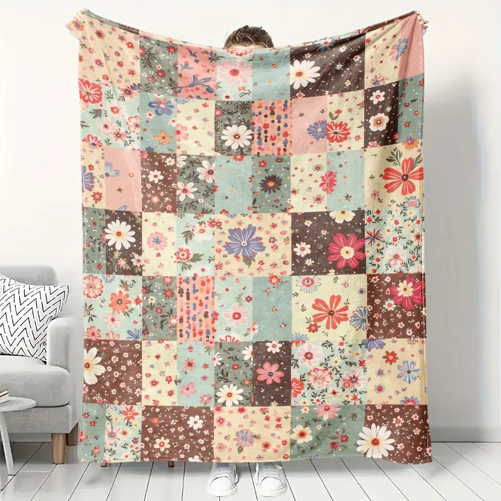 100% Polyester Floral Patch Blanket - High-Definition Digital Print, Breathable Cooling, All-Season, Colorful Plush, Comfy Vibes, Cozy Nights, Feel Cosy, Indoors/Outdoors Blanket for Family Gifts