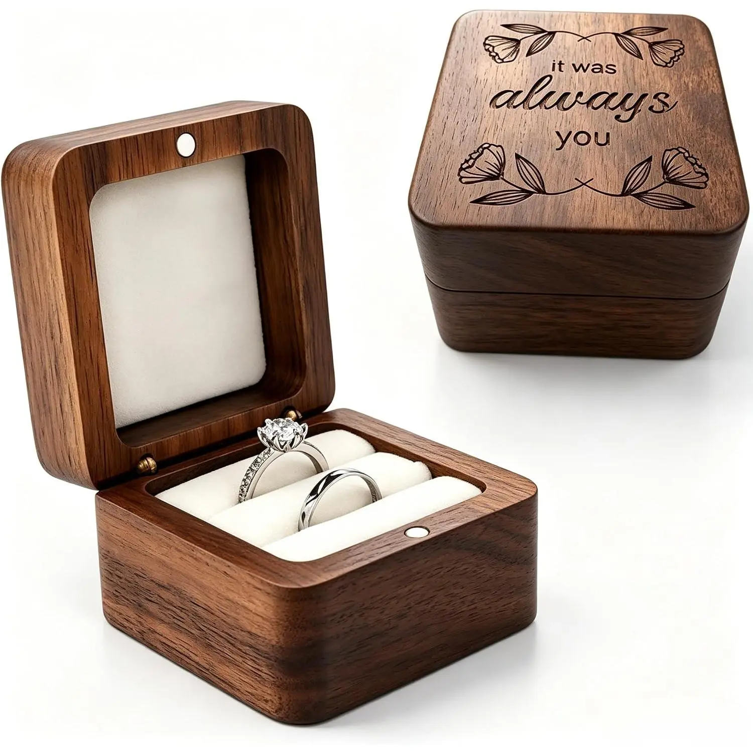 Wooden Ring Box for Wedding Ceremony, Rustic Ring Holder for Proposal, Engagement, Anniversary, Flora Engraved   Box for lover's Birthday…