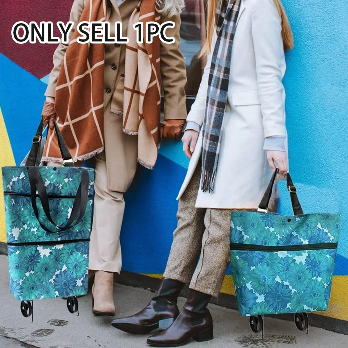 Foldable Shopping Cart with Wheels, Folding Waterproof Durable Grocery Bag Hand Truck, Portable Rolling Backpack for Supermarket Laundry Travel