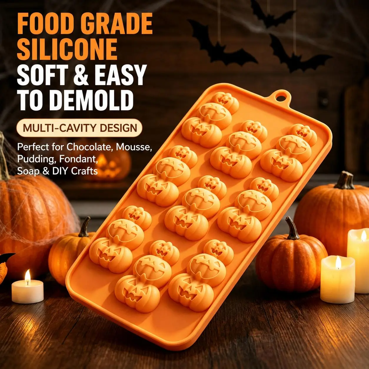 Halloween Pumpkin Silicone Mold, Food Grade Jack-O-Lantern Chocolate Mold, Soft Multi-Cavity Baking Mold for Mousse, Pudding, Fondant, Candy, Soap & DIY Crafts