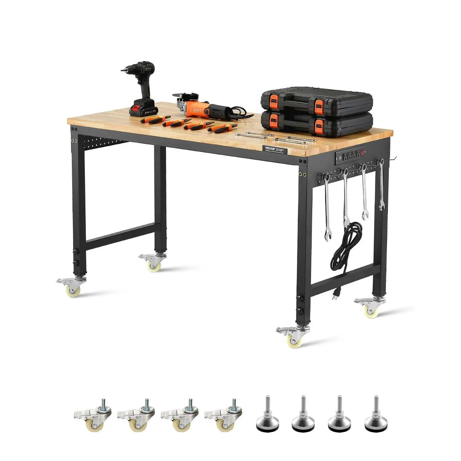 VEVOR Sturdy 48x24 Inch Heavy-Duty Workbench (48 x 24 x 28-39.5 in), 2000lb Load Capacity Single Unit Working Table with Oak Wood Top, Power Outlet, Wheels, Pegboard for Garage, Workshop