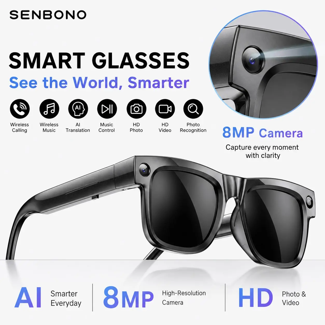 SENBONO Multifunction Smart Glasses Supporting Photo Video Voice Recording, Bluetooth Calling, Music Playback, AI Q&A and Translation, Android and iOS Compatible for Work Study Travel