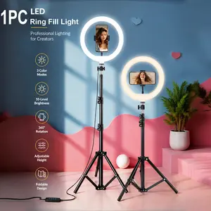 10 Inch LED Selfie Ring Light, 63 Inch Flexible Tripod Stand, 10 Brightness Levels, 3 Color Temperature Modes, Live Streaming Light