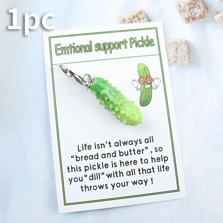 Emotional Support Pickle Keychain with Inspirational Quote Card, Novelty Resin Cucumber Charm, Fun Gift for Birthdays, Weddings, Graduations