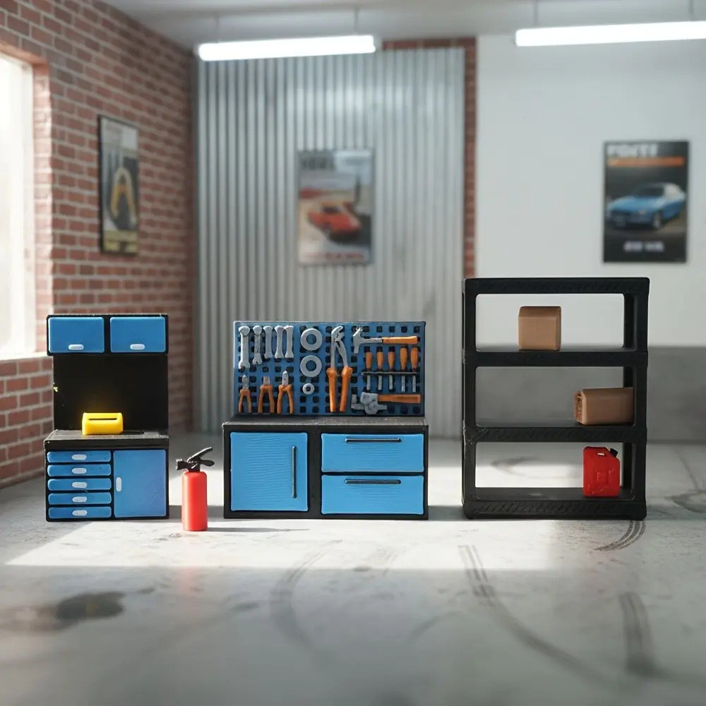 1:64 Miniature Tool Cabinet Shelf Repair Shop Set, Garage Workbench Scene Model, Display Photography Backdrop, Portable Ornament