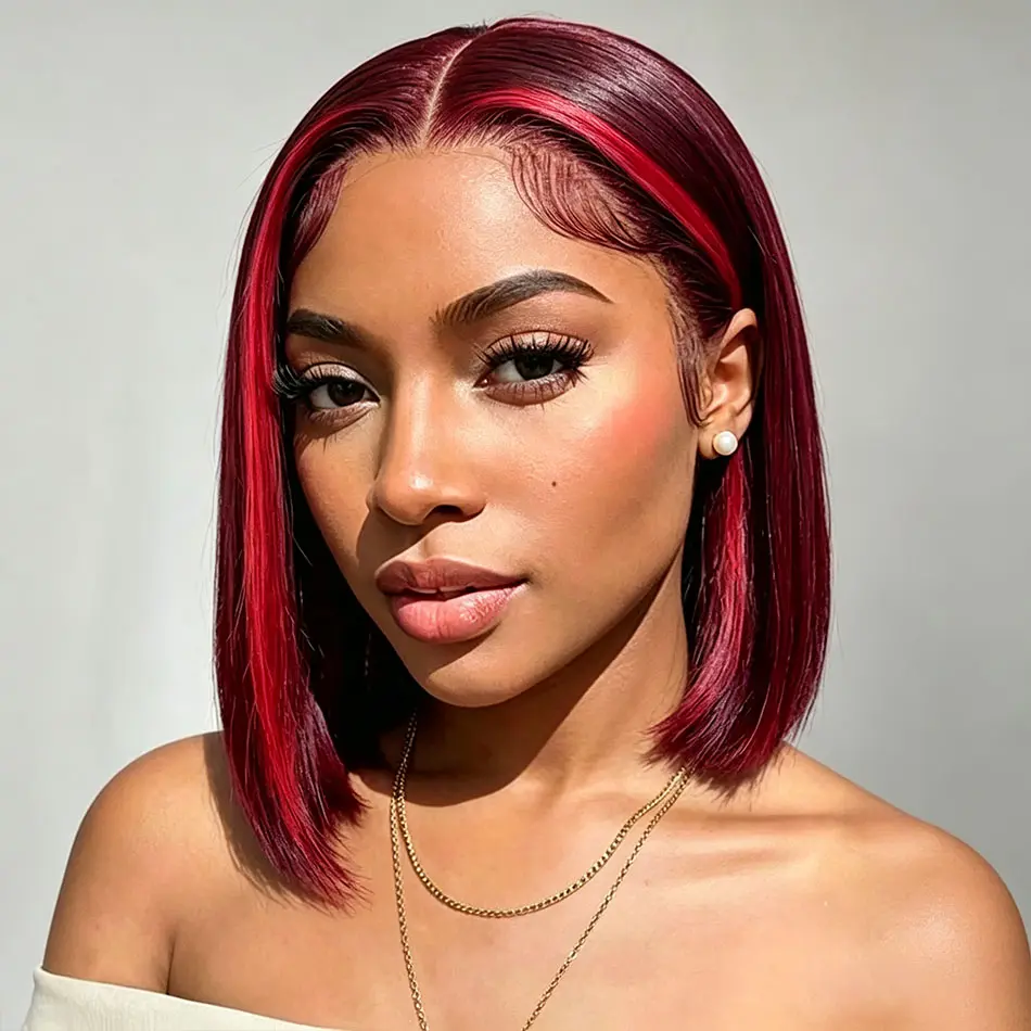 Wear And Go Glueless Short Bob Wig 99j With Red Hair 100% Human hair Highlight Wig 13x4 HD Lace Front Wig Super Double Drawn Bone Straight Lace Frontal Wig Red Burgundy Colored Human Hair Wigs For Women Pre Plucked 180% Density